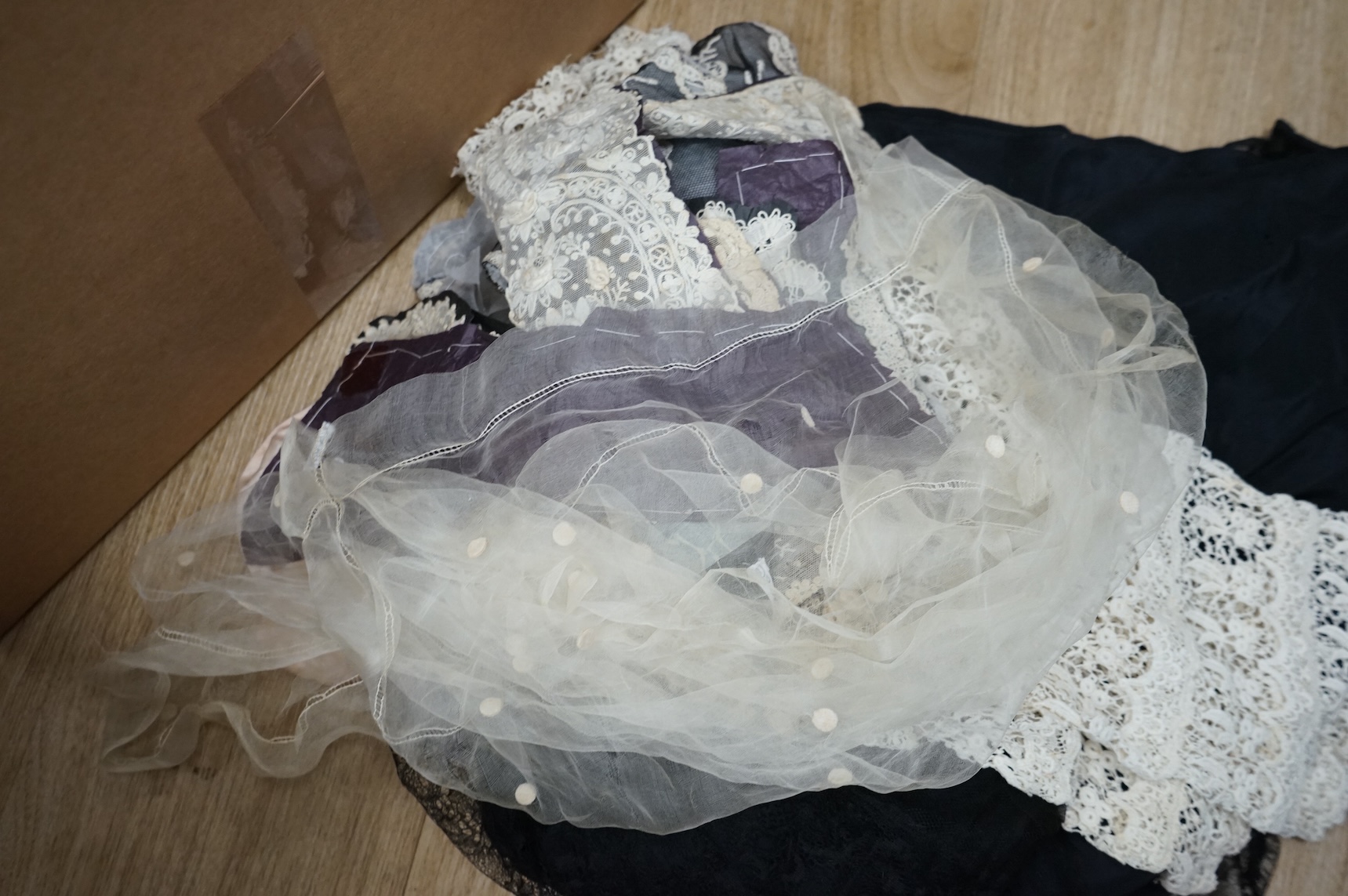 Mixed Victorian white under clothing, black lace dress trimmings etc, useful for theatre and film